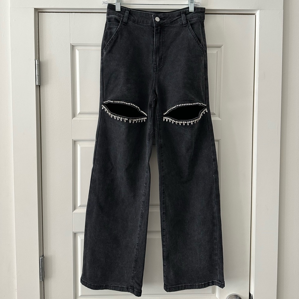 Black Wide-Leg Jeans with Rhinestone Cut-outs